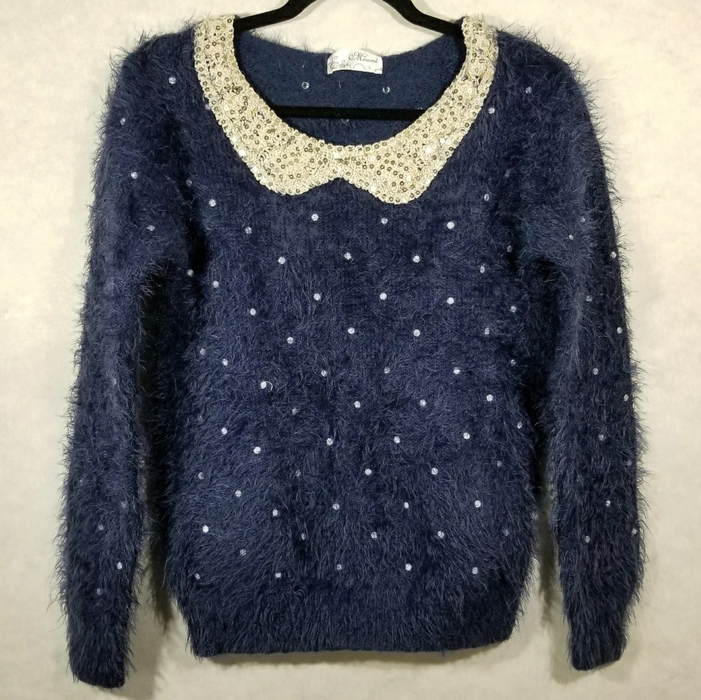 Mizumi Fuzzy Sweater Sequin Collar Polka Dots L